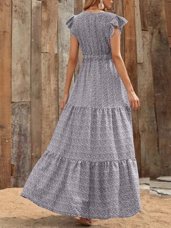Spring new fashion women's V-neck long skirt waist floral print large swing dress