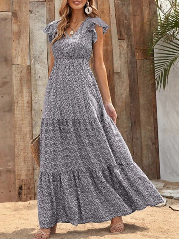 Spring new fashion women's V-neck long skirt waist floral print large swing dress