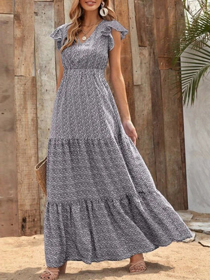 Spring new fashion women's V-neck long skirt waist floral print large swing dress