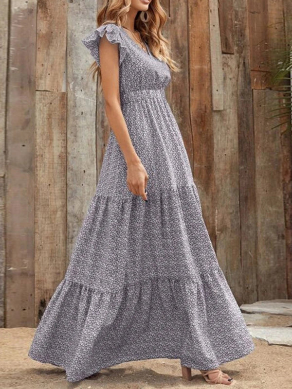 Spring new fashion women's V-neck long skirt waist floral print large swing dress