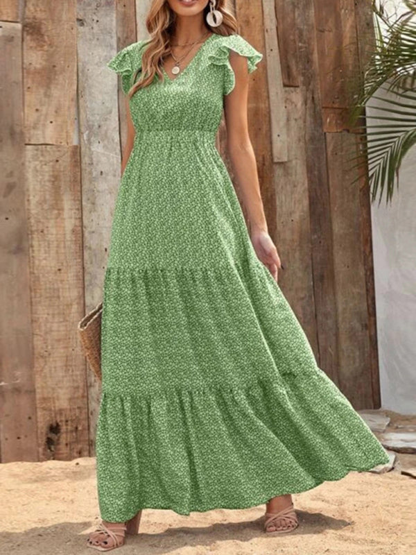 Spring new fashion women's V-neck long skirt waist floral print large swing dress