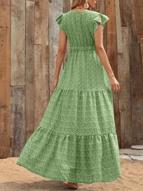 Spring new fashion women's V-neck long skirt waist floral print large swing dress