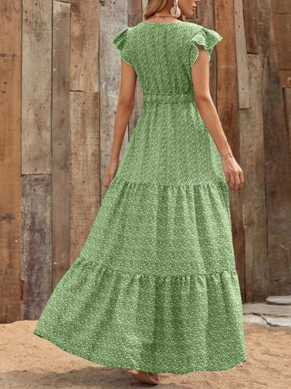 Spring new fashion women's V-neck long skirt waist floral print large swing dress