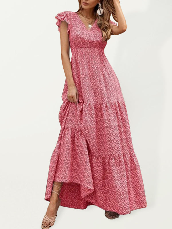 Spring new fashion women's V-neck long skirt waist floral print large swing dress