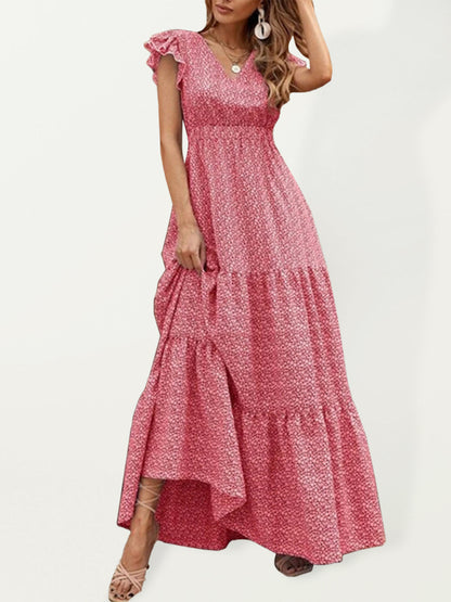 Spring new fashion women's V-neck long skirt waist floral print large swing dress