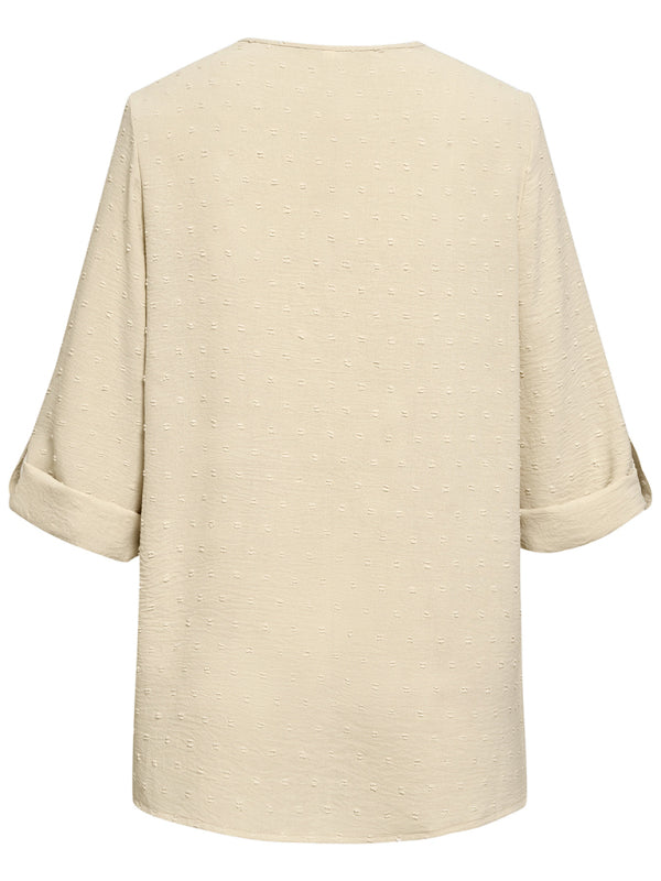 Spring and summer new women's fashion solid color loose V-neck three-quarter sleeve top