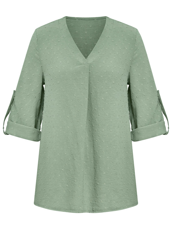 Spring and summer new women's fashion solid color loose V-neck three-quarter sleeve top