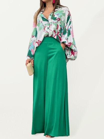 Women's Printed Long Sleeve Button Front Closure With Wide Leg Pants Set