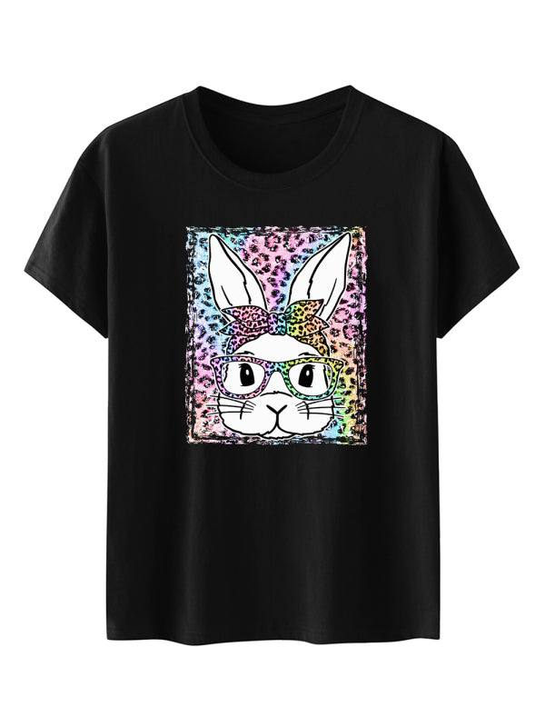 Women's Leopard Rabbit Graphic Print Short Sleeve T-shirt