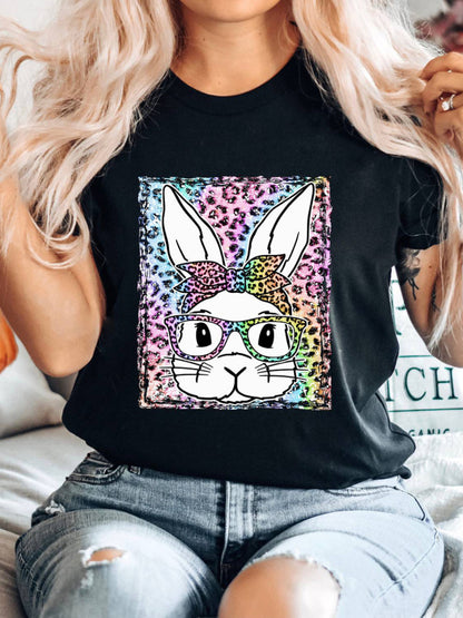 Women's Leopard Rabbit Graphic Print Short Sleeve T-shirt