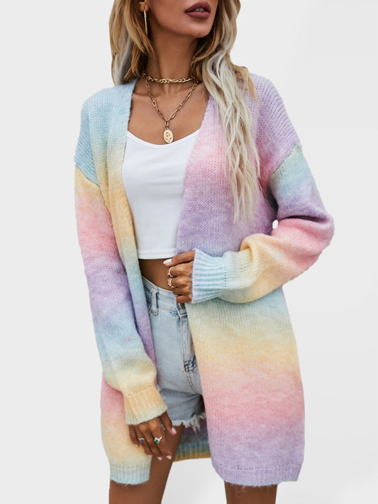 Women's Sweater Rainbow Tie-Dye Mid-Length Oversized Cardigan Pocket Knit Jacket
