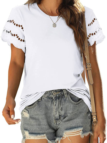 Women's Solid Color Lace Sleeve Knit Top