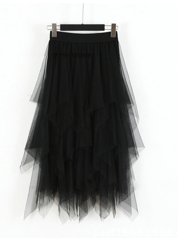 Women's Mesh splicing skirt high waist slimming solid color mid-length fairy skirt