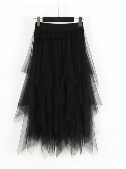 Women's Mesh splicing skirt high waist slimming solid color mid-length fairy skirt