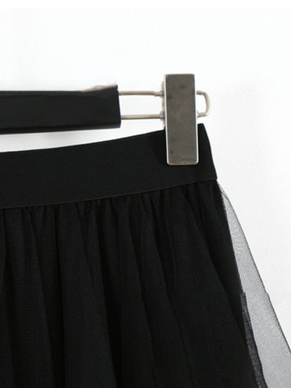 Women's Mesh splicing skirt high waist slimming solid color mid-length fairy skirt