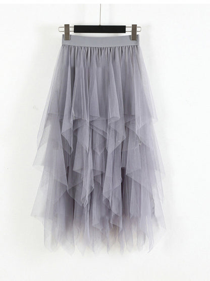 Women's Mesh splicing skirt high waist slimming solid color mid-length fairy skirt