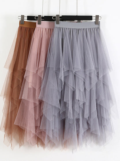 Women's Mesh splicing skirt high waist slimming solid color mid-length fairy skirt