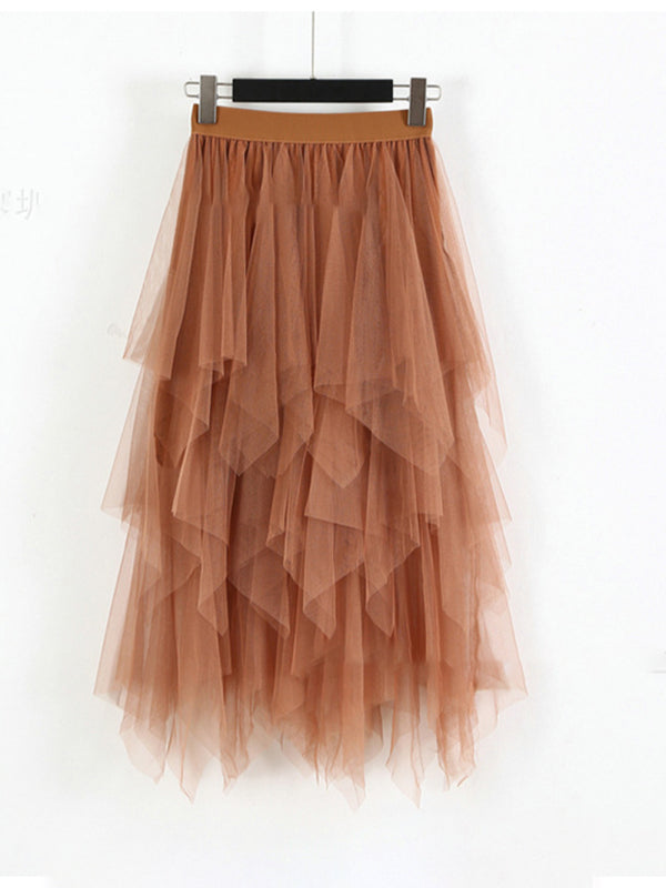 Women's Mesh splicing skirt high waist slimming solid color mid-length fairy skirt