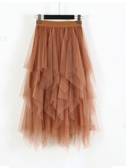 Women's Mesh splicing skirt high waist slimming solid color mid-length fairy skirt