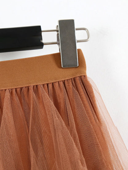 Women's Mesh splicing skirt high waist slimming solid color mid-length fairy skirt
