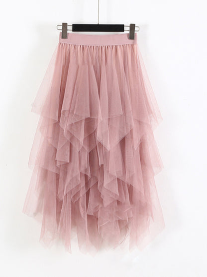 Women's Mesh splicing skirt high waist slimming solid color mid-length fairy skirt