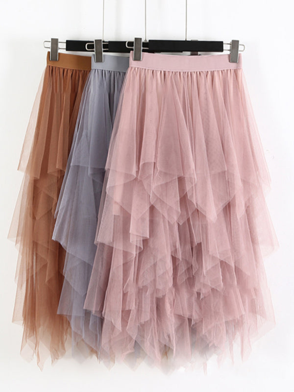 Women's Mesh splicing skirt high waist slimming solid color mid-length fairy skirt