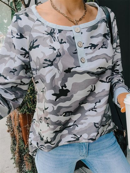 Women's Casual loose camouflage long-sleeved T-shirt