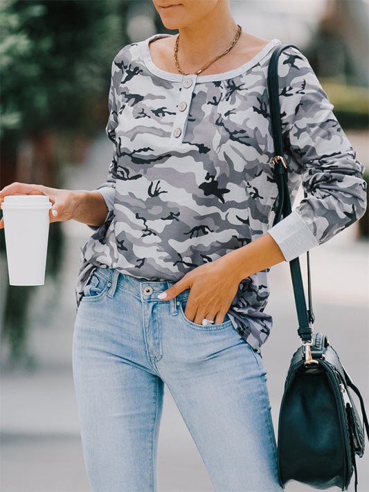 Women's Casual loose camouflage long-sleeved T-shirt