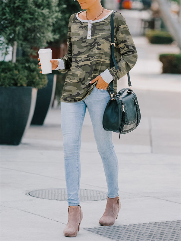 Women's Casual loose camouflage long-sleeved T-shirt
