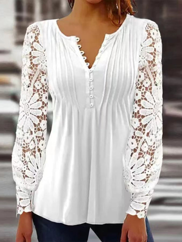 Women's Fashion new  lace sleeves pleated solid color button t-shirt bottoming shirt