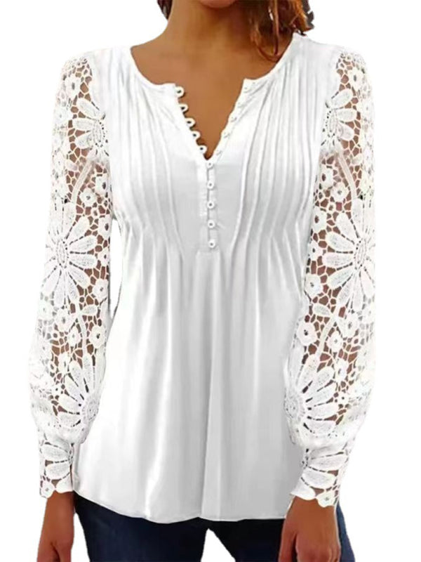 Women's Fashion new  lace sleeves pleated solid color button t-shirt bottoming shirt