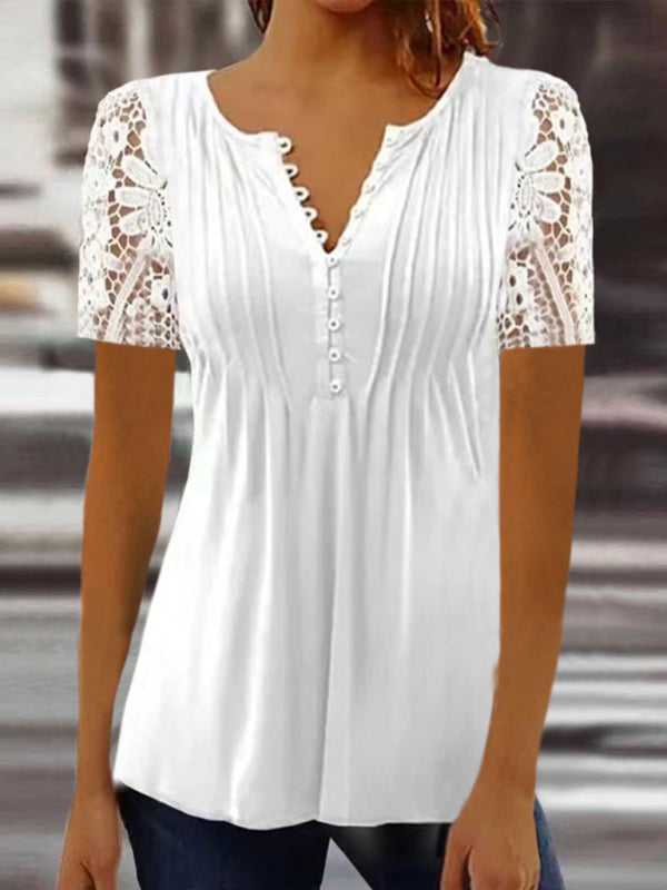 Women's Fashion new  lace sleeves pleated solid color button t-shirt bottoming shirt