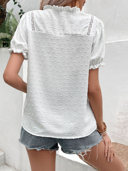 Women's Solid Color Clip Dot Puff Sleeve Button-up Shirt