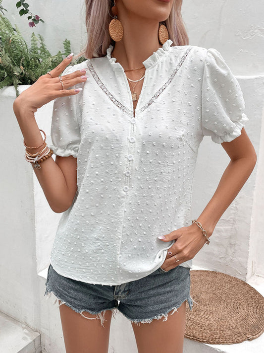 Women's Solid Color Clip Dot Puff Sleeve Button-up Shirt