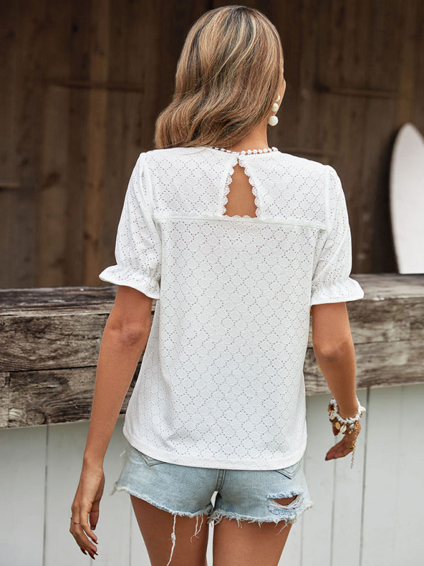 Women's Solid Color Ruffle Puff Sleeve Knit Top