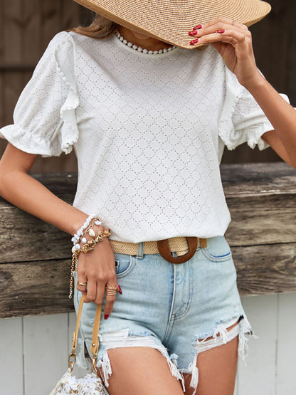 Women's Solid Color Ruffle Puff Sleeve Knit Top