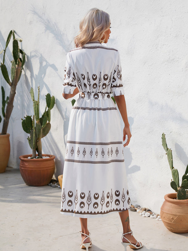 Women's Printed Three-quarter-sleeve Shirred-waist Crepe Maxi Dress