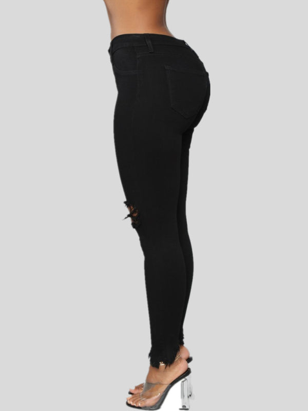 Women's High Waist Chew Hem Ripped Ankle Cigarette Jeans