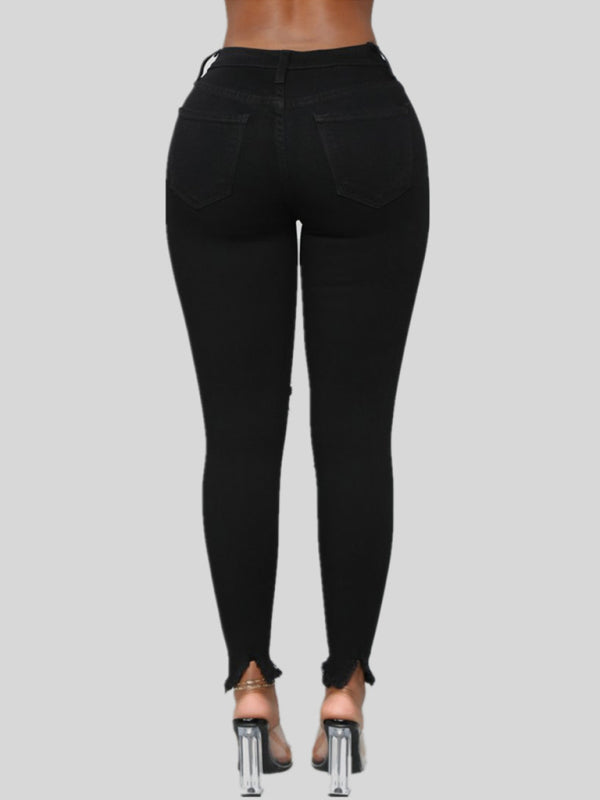Women's High Waist Chew Hem Ripped Ankle Cigarette Jeans