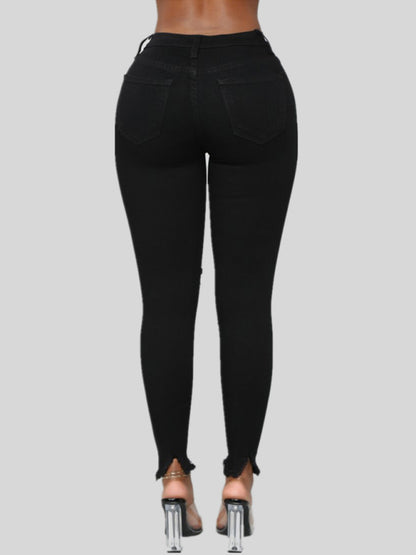 Women's High Waist Chew Hem Ripped Ankle Cigarette Jeans