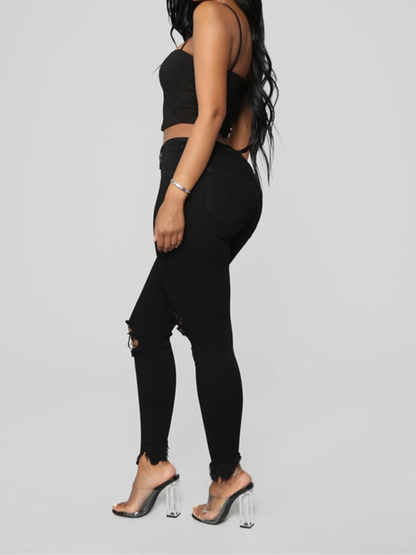 Women's High Waist Chew Hem Ripped Ankle Cigarette Jeans