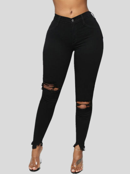 Women's High Waist Chew Hem Ripped Ankle Cigarette Jeans
