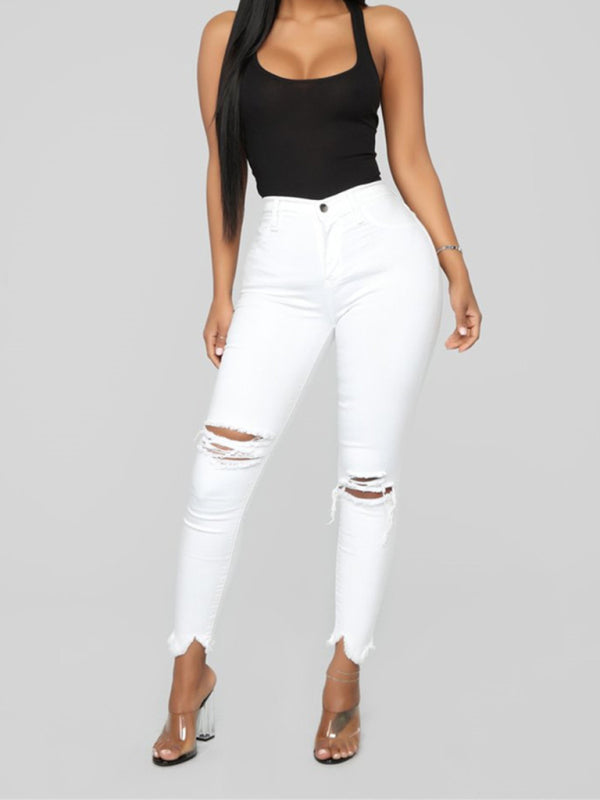 Women's High Waist Chew Hem Ripped Ankle Cigarette Jeans