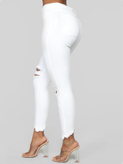 Women's High Waist Chew Hem Ripped Ankle Cigarette Jeans