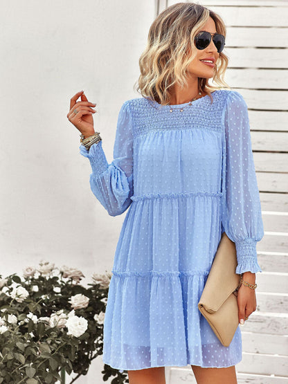 Women's Solid Color Clip Dot Long Sleeve Chiffon Mini Dress