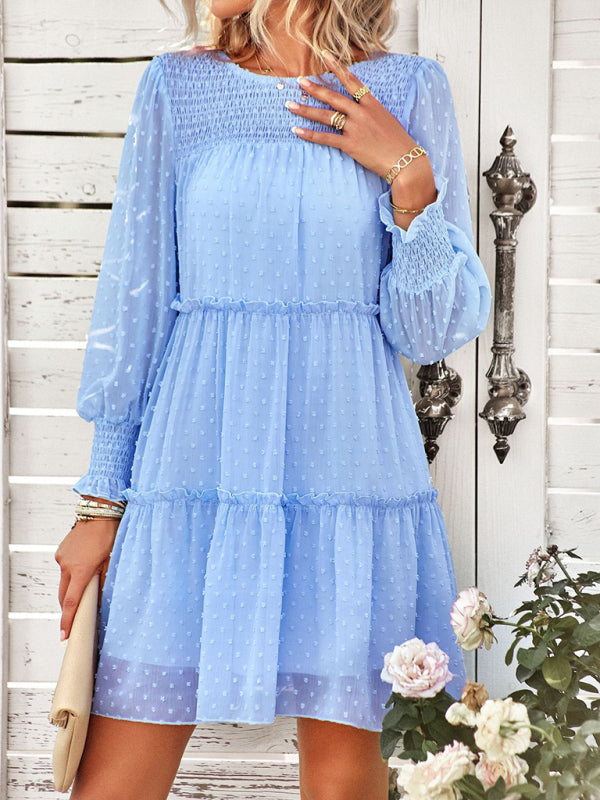 Women's Solid Color Clip Dot Long Sleeve Chiffon Mini Dress