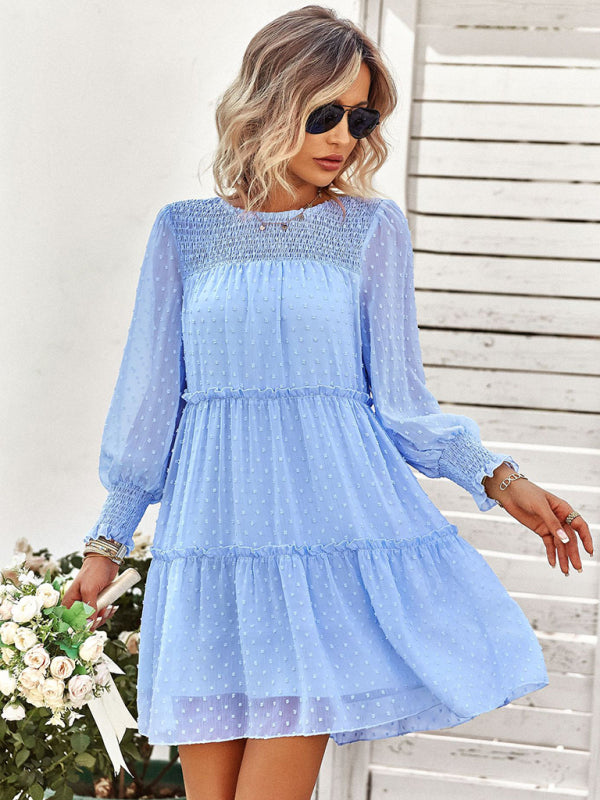Women's Solid Color Clip Dot Long Sleeve Chiffon Mini Dress