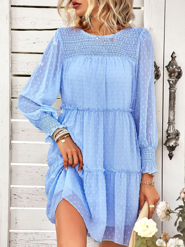 Women's Solid Color Clip Dot Long Sleeve Chiffon Mini Dress