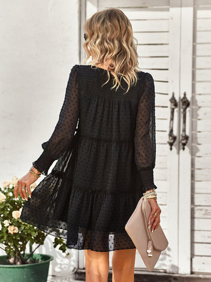 Women's Solid Color Clip Dot Long Sleeve Chiffon Mini Dress