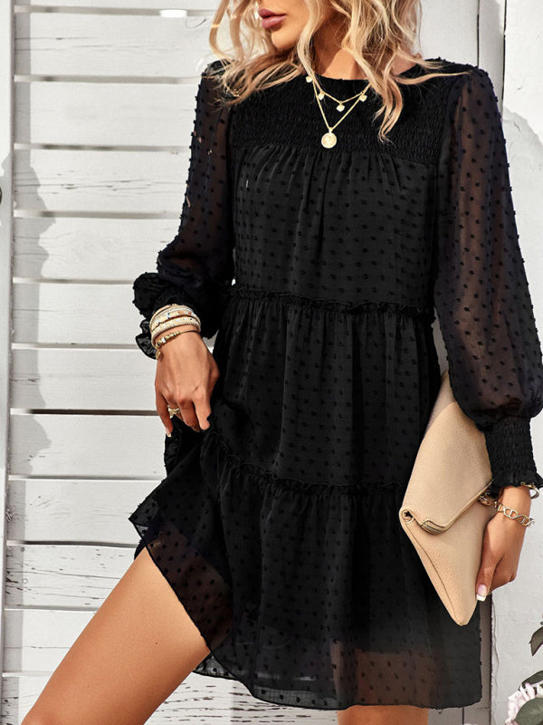 Women's Solid Color Clip Dot Long Sleeve Chiffon Mini Dress